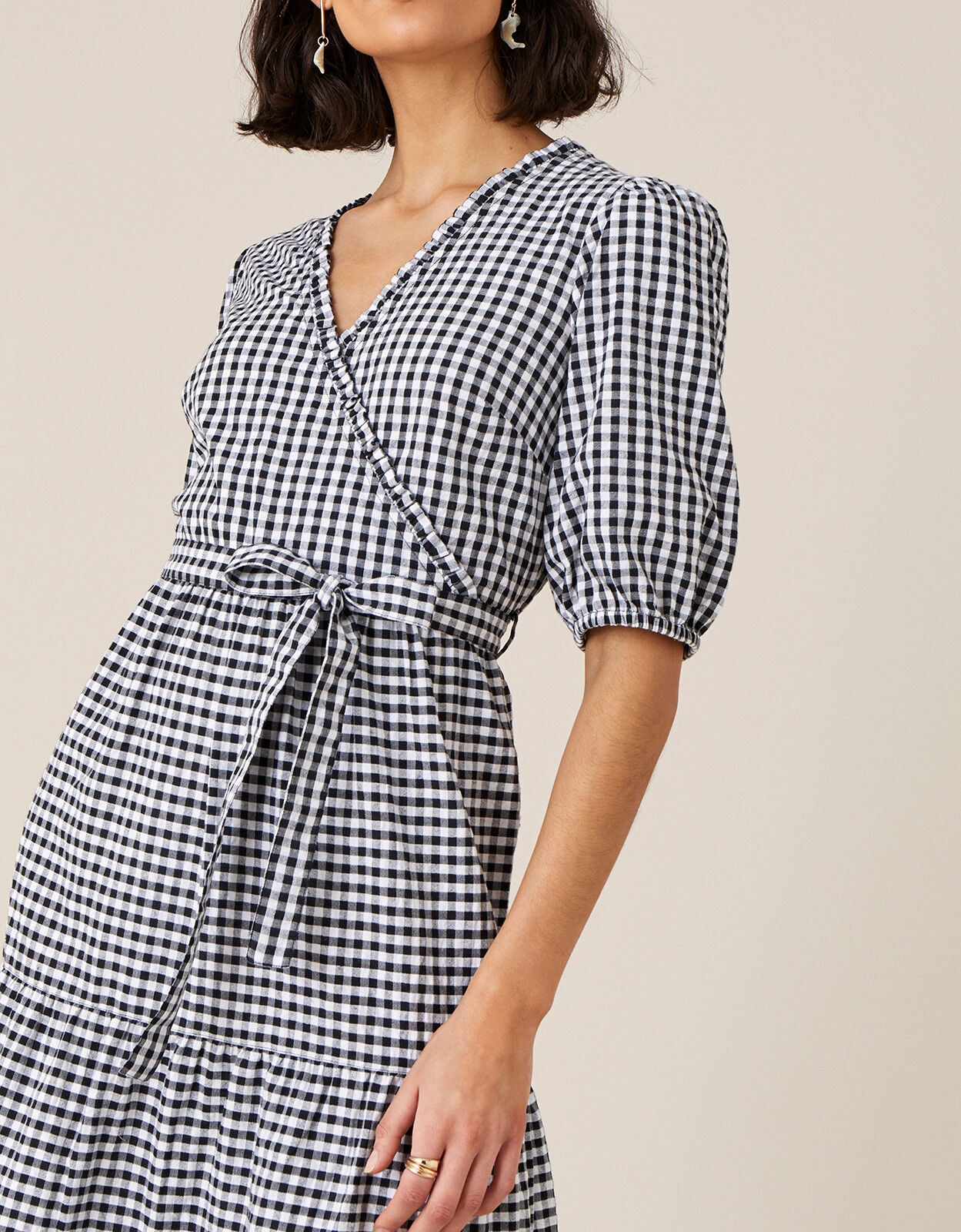 Gingham Wrap Dress Black  Casual ☀ Day 